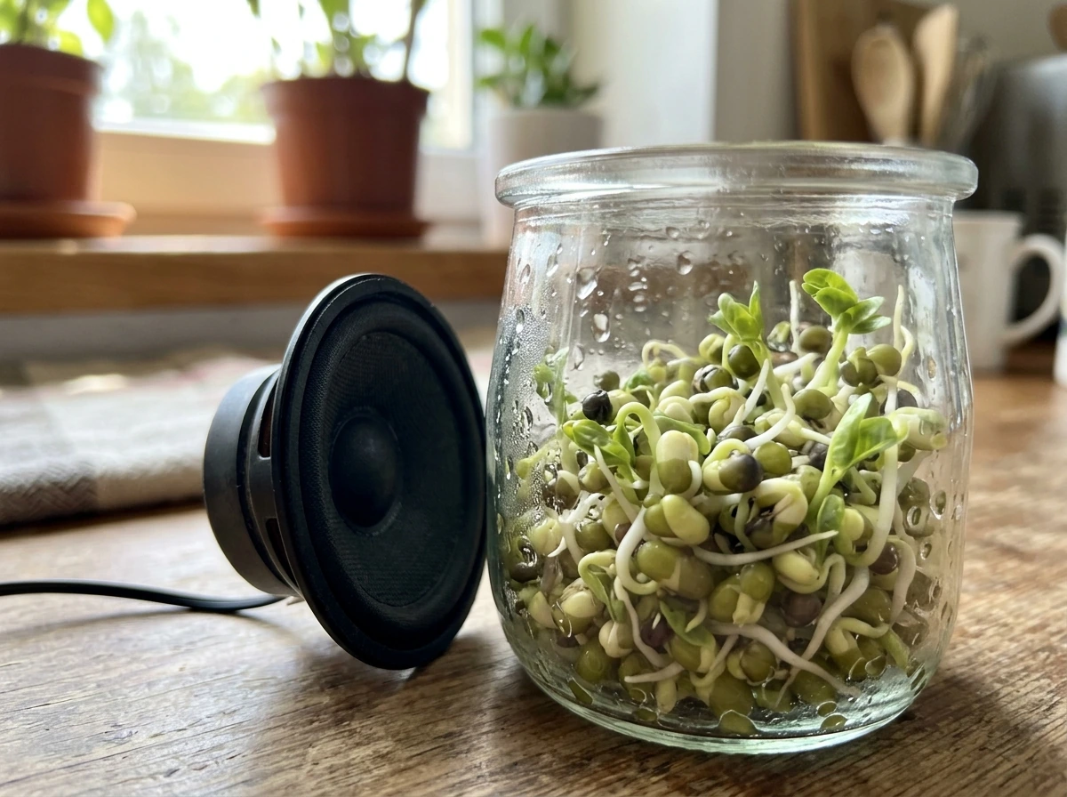 Close-up of mung bean sprouts being exposed to sound vibrations