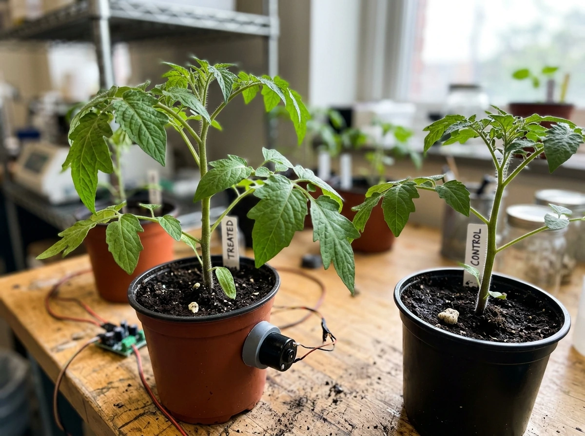 Diagram-like realism of plant leaves with a small vibration tool contacting near the stem