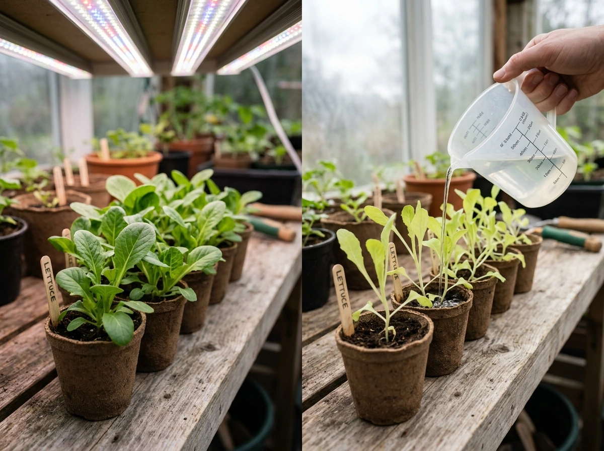 Side-by-side comparison of growth differences tied to light and watering basics