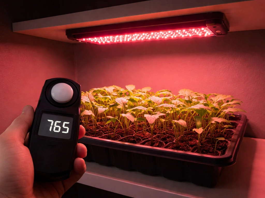 Red LED grow light shining on potted seedlings; a handheld light meter reads PPFD beside the plants