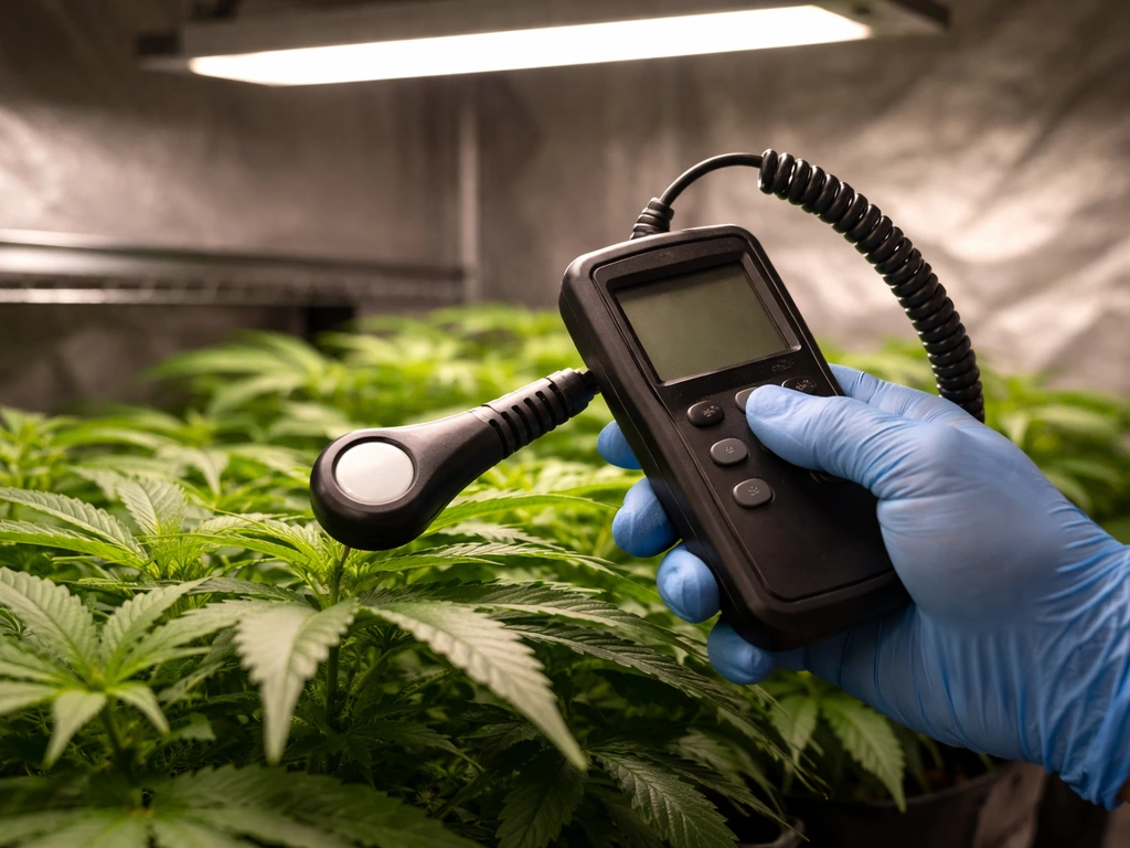 Gloved hands measure light with a quantum/PAR meter at plant canopy height in a simple grow setup
