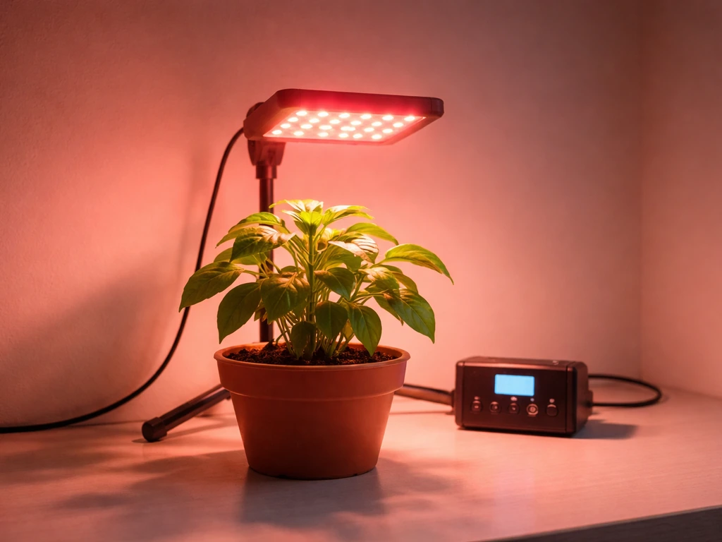 Red grow LED fixture glowing over a small plant, with a simple timer controller beside it.
