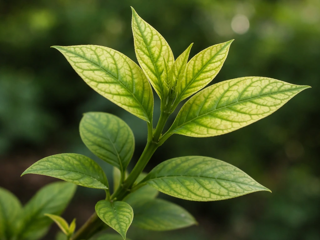 Close-up of young plant leaves with yellowing between veins, greener veins showing interveinal chlorosis.