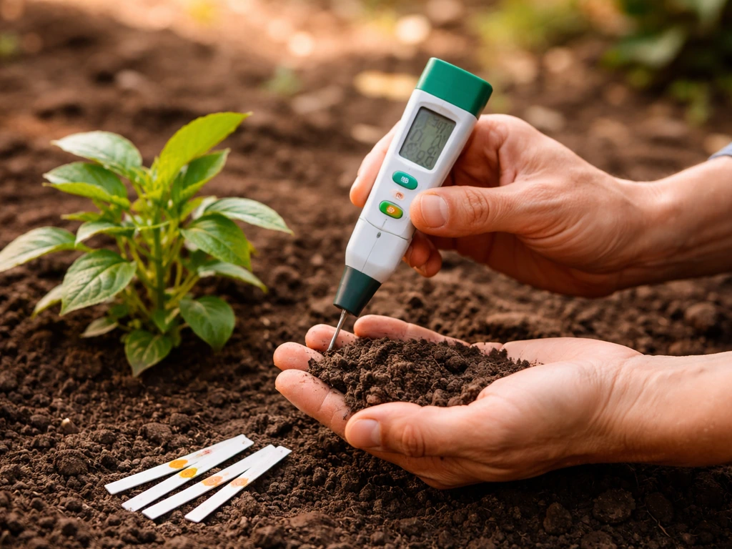 Gardener’s hands testing soil pH with a meter and test strips beside a small plant