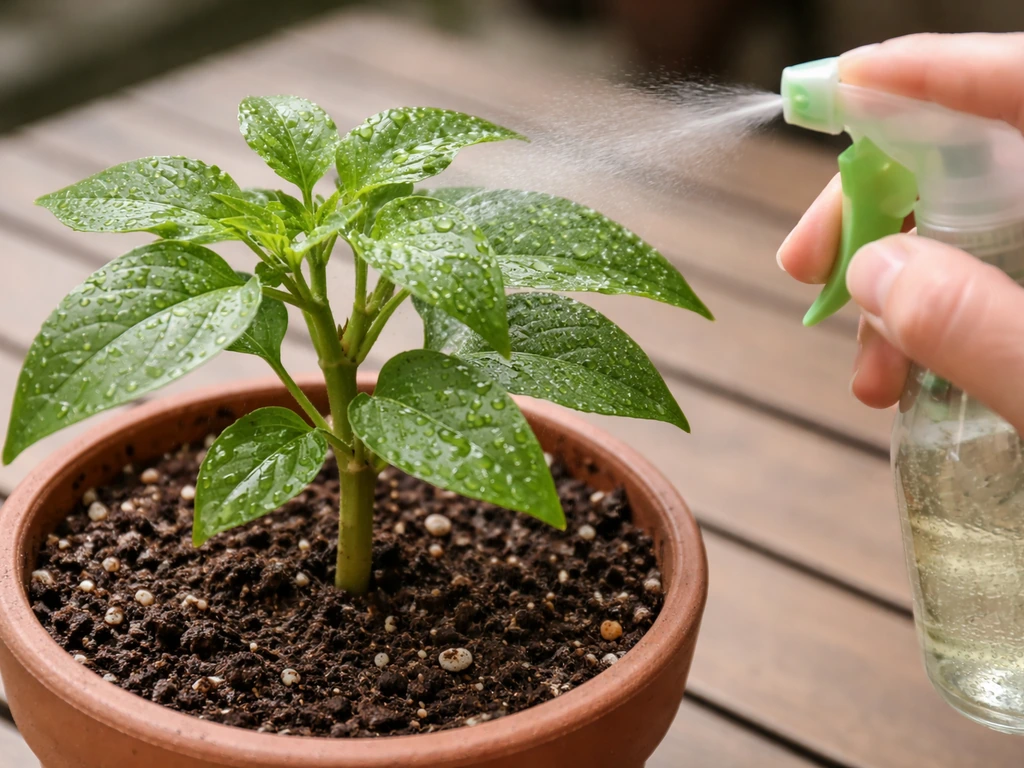 Close-up of a hand misting chelated iron solution onto plant leaves, with soil at the base for contrast.