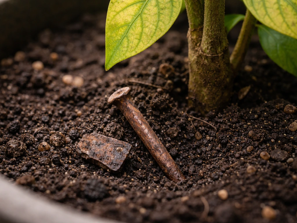 Rusty iron nail half-buried beside a stressed houseplant in soil, showing no visible improvement.