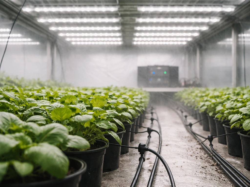Greenhouse grow room with LED canopy, irrigation lines, and a controller showing real-time crop timing control.