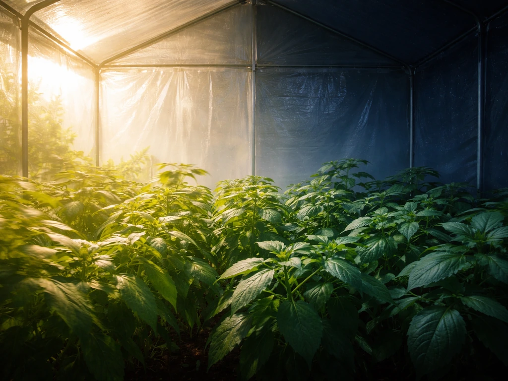 Time-lapse view of a greenhouse with plants under bright day light and dim night darkness.