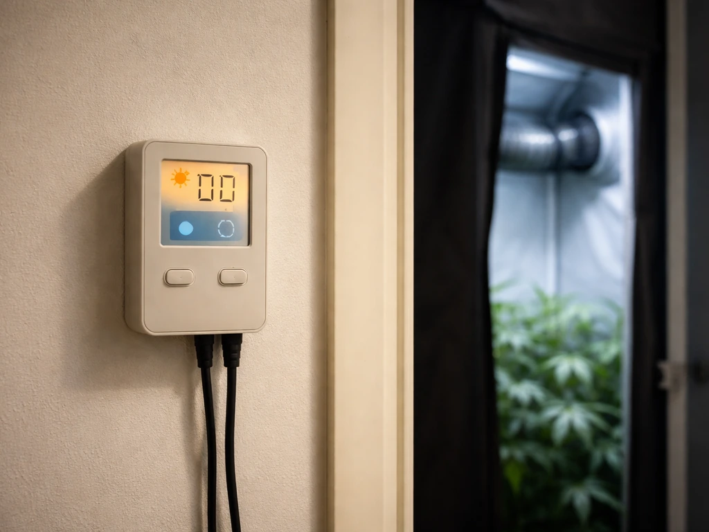 Indoor grow room showing a thermostat with warm-day and cool-night settings and a grow chamber vent cycle