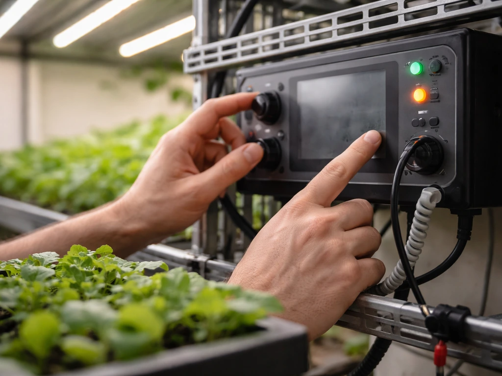 Grower’s hands adjusting an indoor farming controller panel beside leafy greens, showing light and irrigation settings.