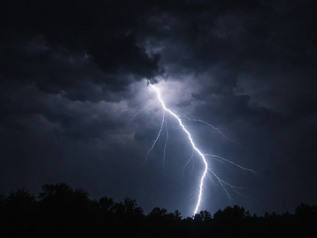Close-up of a dark stormy sky with a bright lightning bolt striking in the distance, emphasizing brief duration.