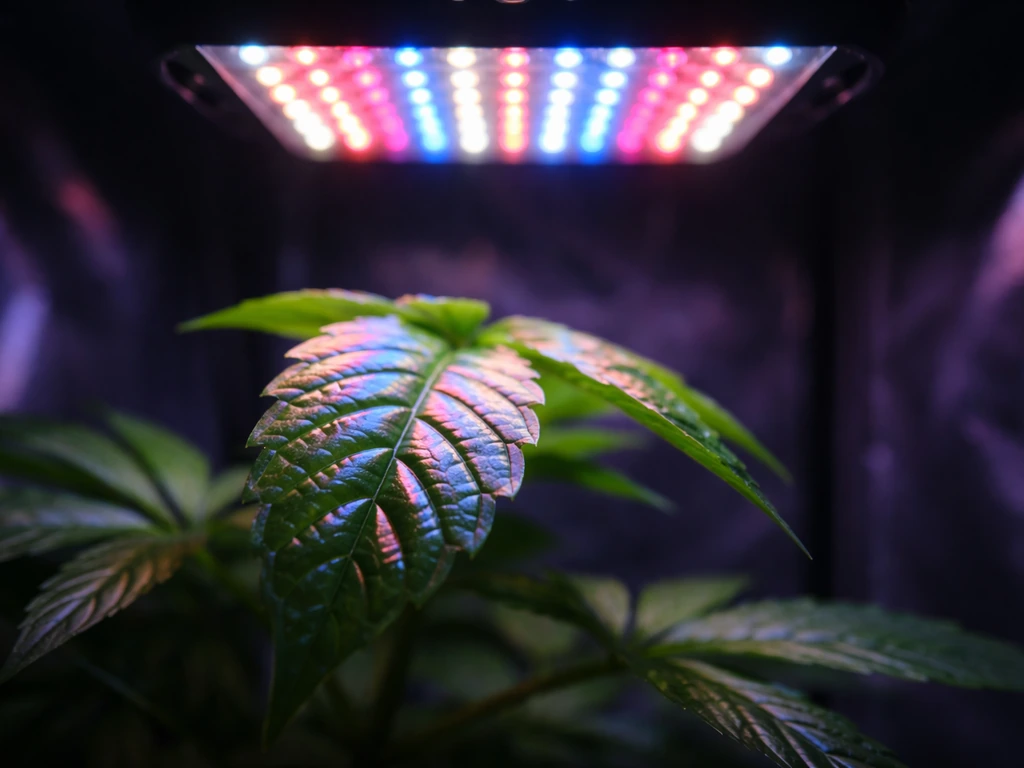 Close-up of a grow light casting blue and red spectrum highlights on a single plant leaf.