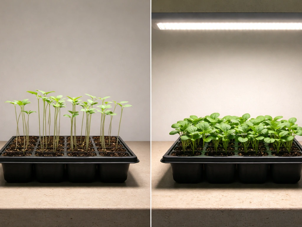 Split scene of leggy seedlings under weak light and compact seedlings under strong LED grow light.