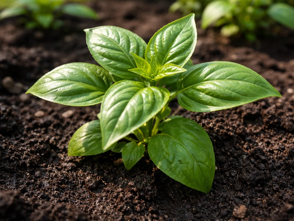 Healthy green plant with firm, resilient leaves in moist garden soil, thriving in natural light.