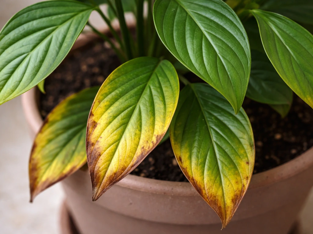 Close-up of older leaves with yellowing and brown tip/margin scorch, contrasted with greener new leaves.