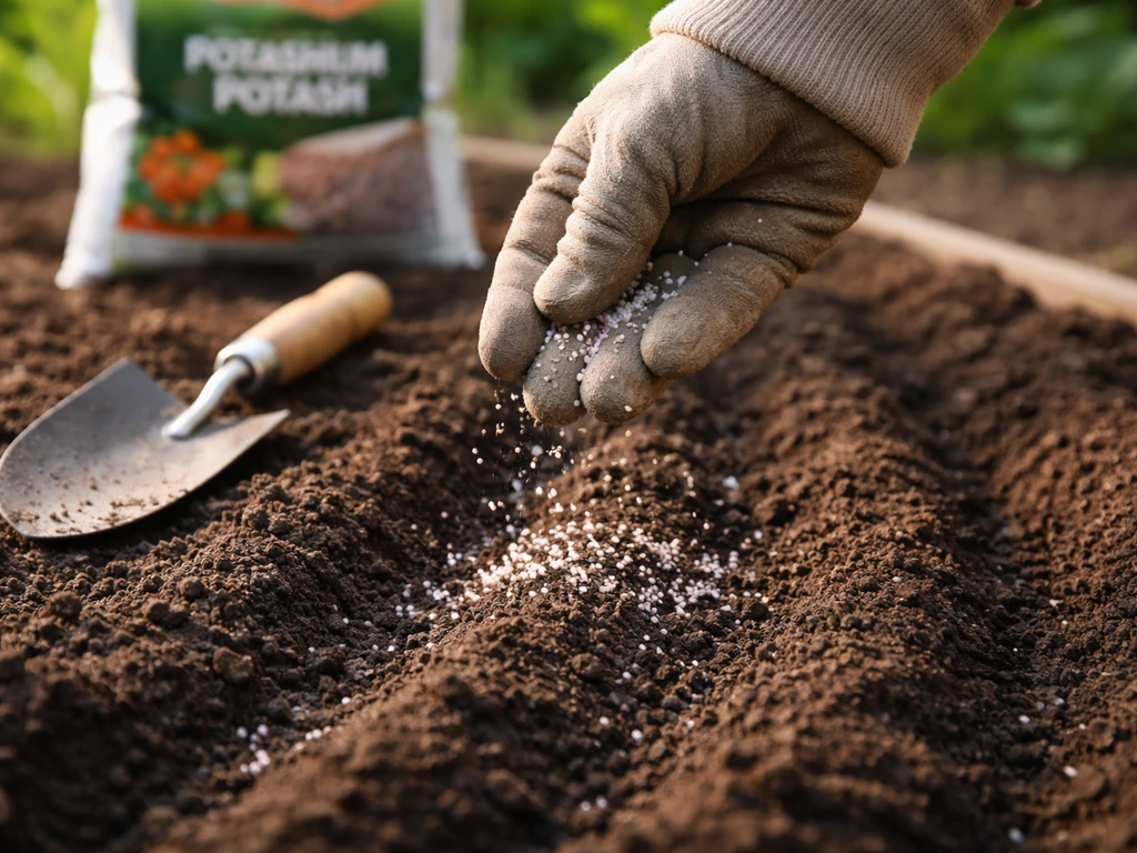 Hand sprinkling granular potassium potash on a garden bed, close-up with soil texture and prepared rows.