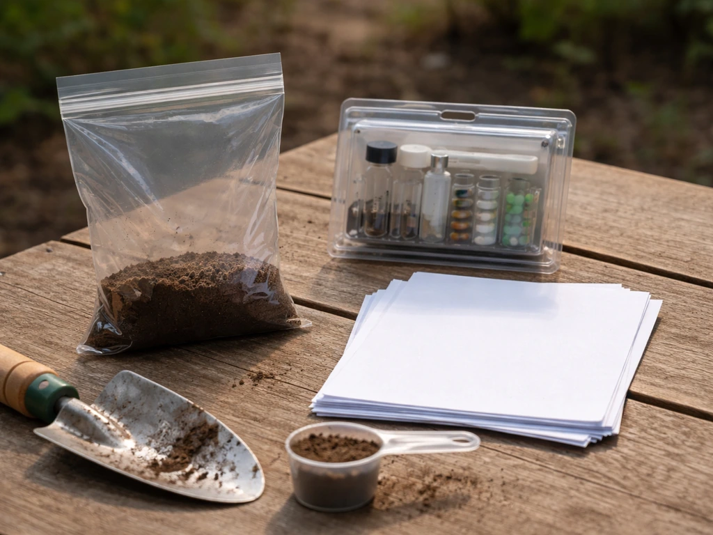 Soil sample bag and soil test kit with plain report papers on a wooden table outdoors