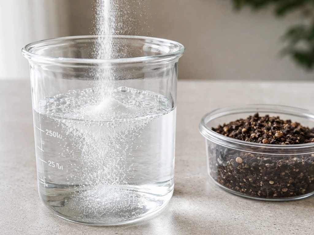 White baking soda dissolving in clear water beside a small moist soil sample in a close-up.
