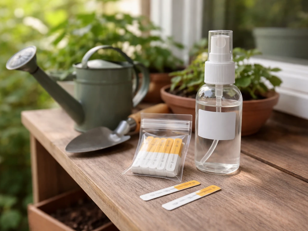 Garden shelf with pH strips and a small spray bottle beside healthy potted plants