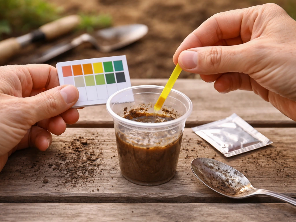 Close-up hands testing soil pH by dipping a strip into soil slurry and checking color change.