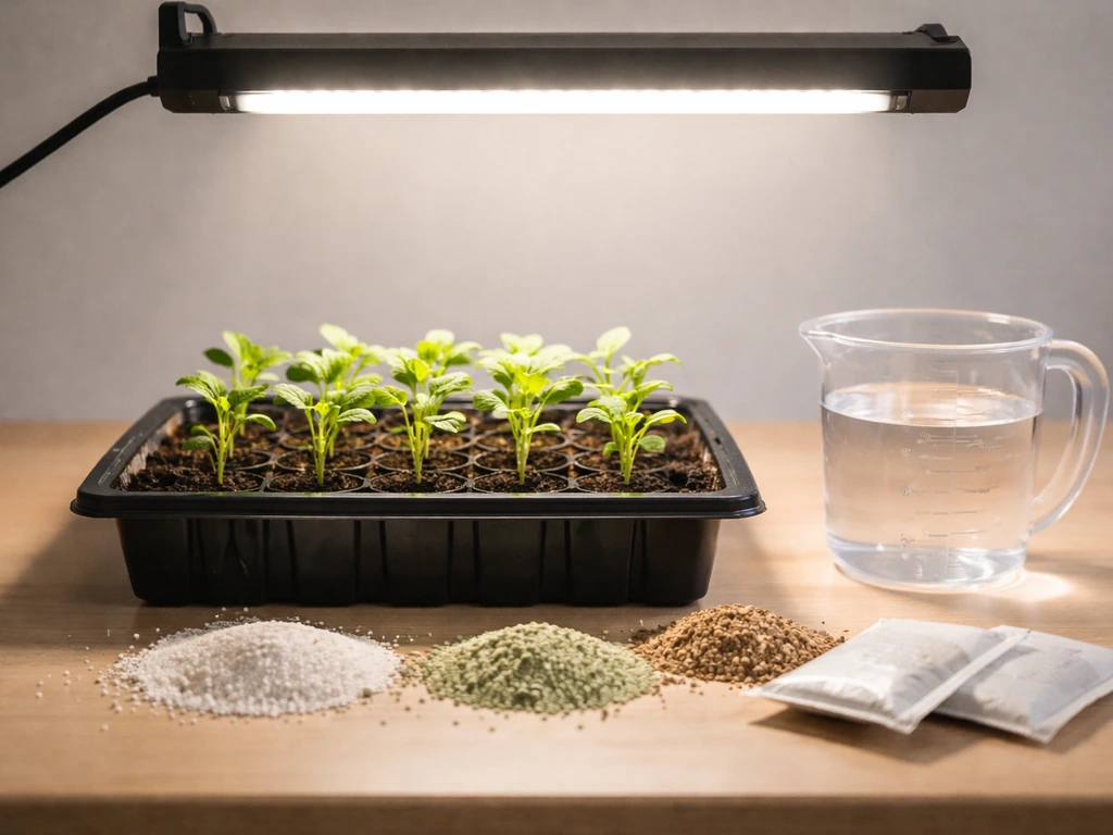 Grow light over seedlings with a measuring cup and fertilizer/lime elements neatly laid out on a table.