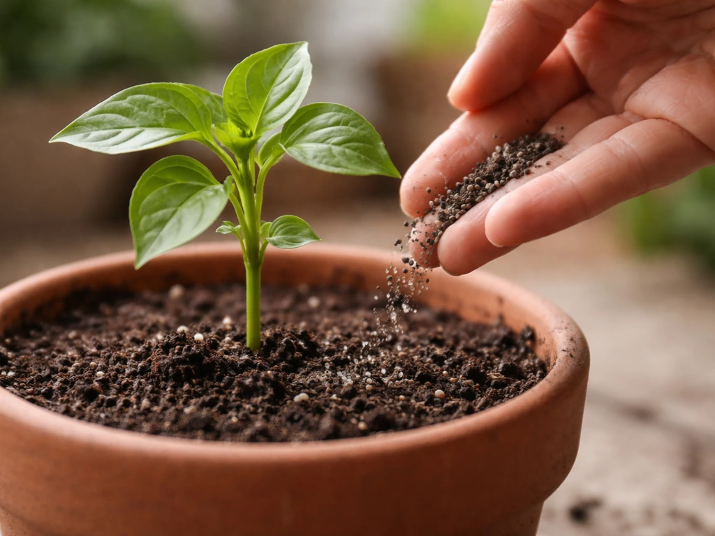 Close-up of a healthy green plant as dark soil granules are sprinkled into the pot for nitrogen.