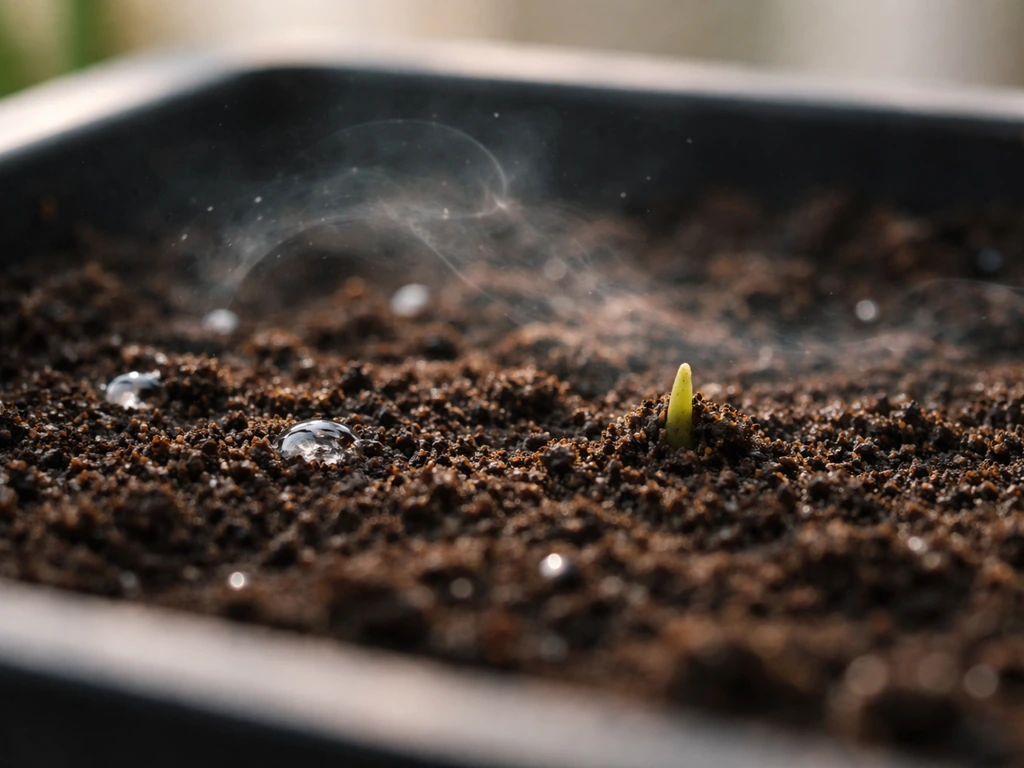 Closeup of dark soil with tiny water droplets, showing realistic ammonia-to-nitrate conversion cues