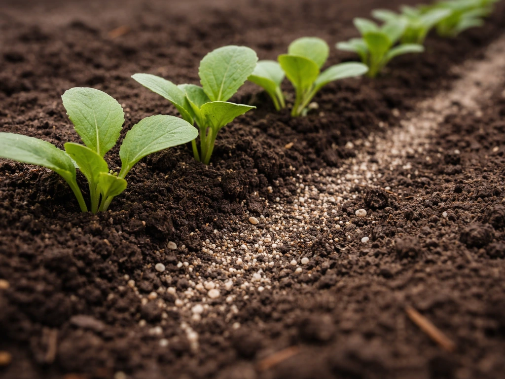 Close-up of green seedlings growing in moist soil, with a small amount of amendment in the root zone.