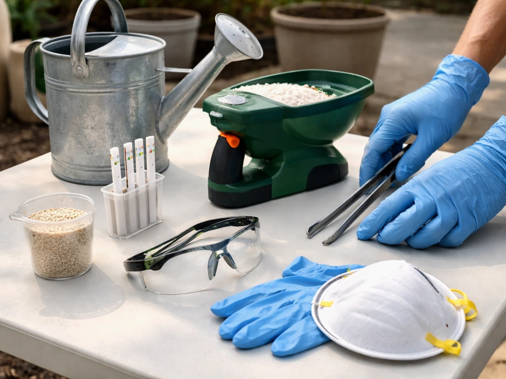 Gardening setup with gloves, goggles, and a watering can beside test strips on a clean work surface.