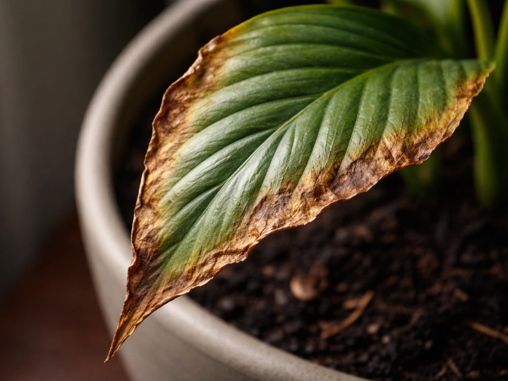 Close-up of plant leaf tips with brown bronzing scorch and crispy wilted edges