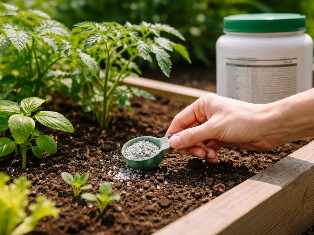 Healthy potted plants beside a clearly labeled fertilizer container in a simple home garden bed.