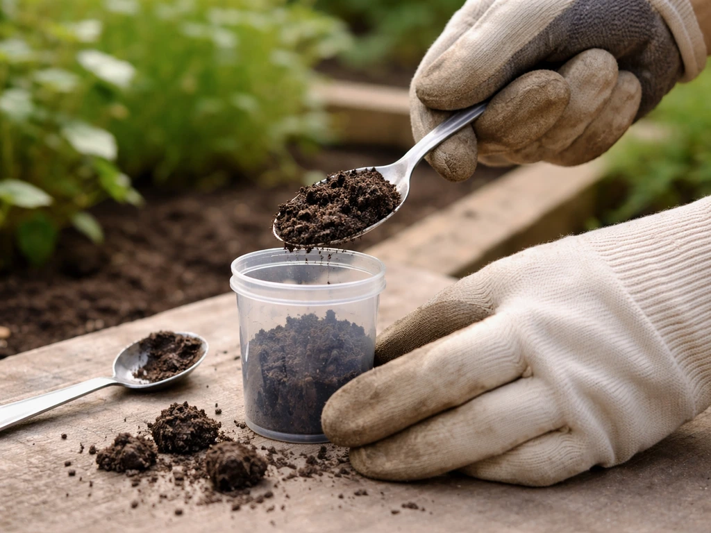 Gloved hands filling a soil test container with garden soil, ready for a soil test.