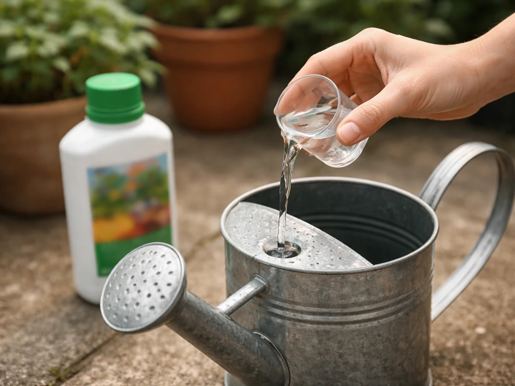 Liquid plant fertilizer being poured into a watering can with a measuring cup and bottle nearby.