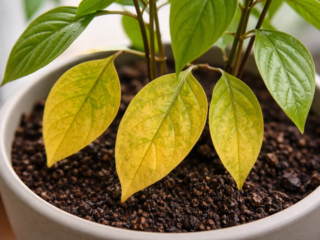 Close-up plant leaves showing nitrogen deficiency-like yellowing on older lower leaves