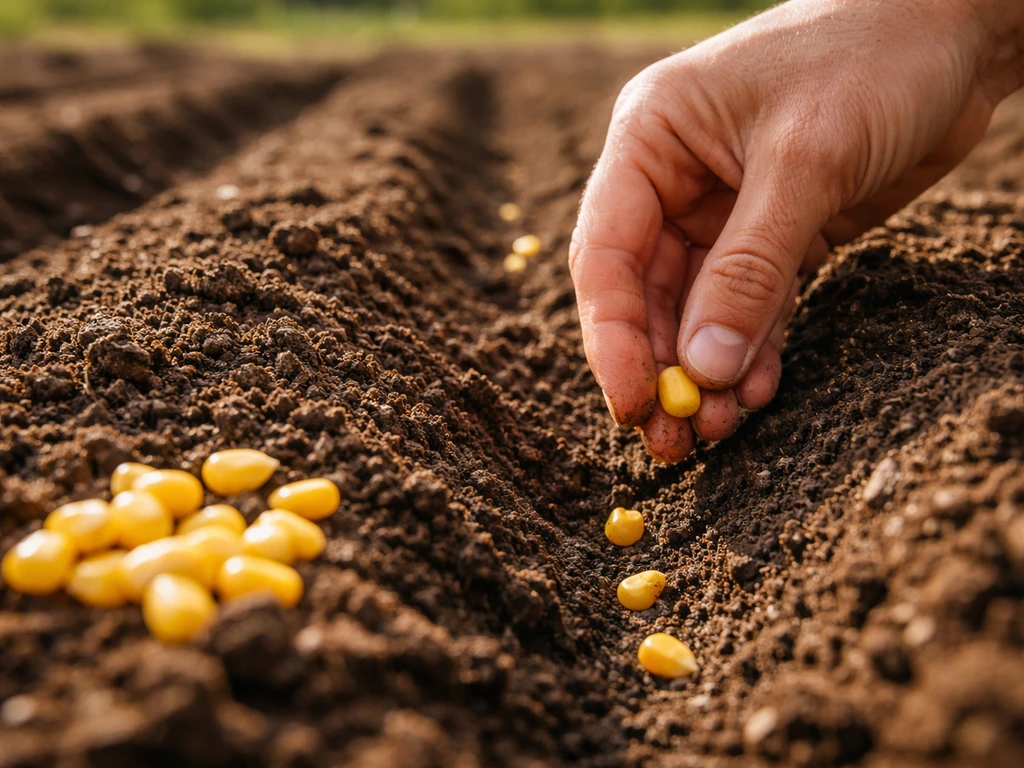 Close-up of a hand planting corn seeds in warm, prepared soil with kernels in the foreground.