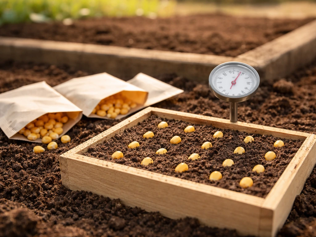 Corn seeds in a tray with a soil thermometer showing planting-depth warmth on dark soil.