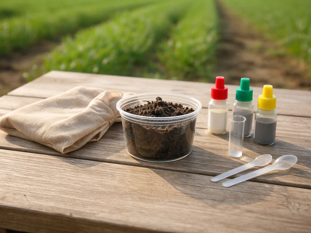Dark soil sample in a container next to a pH testing kit on a table.