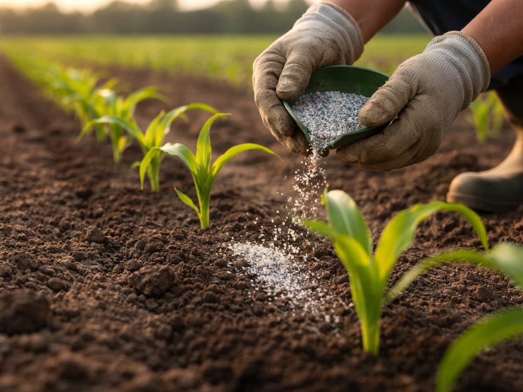 Granular fertilizer applied beside young corn seedlings in a quiet cornfield.