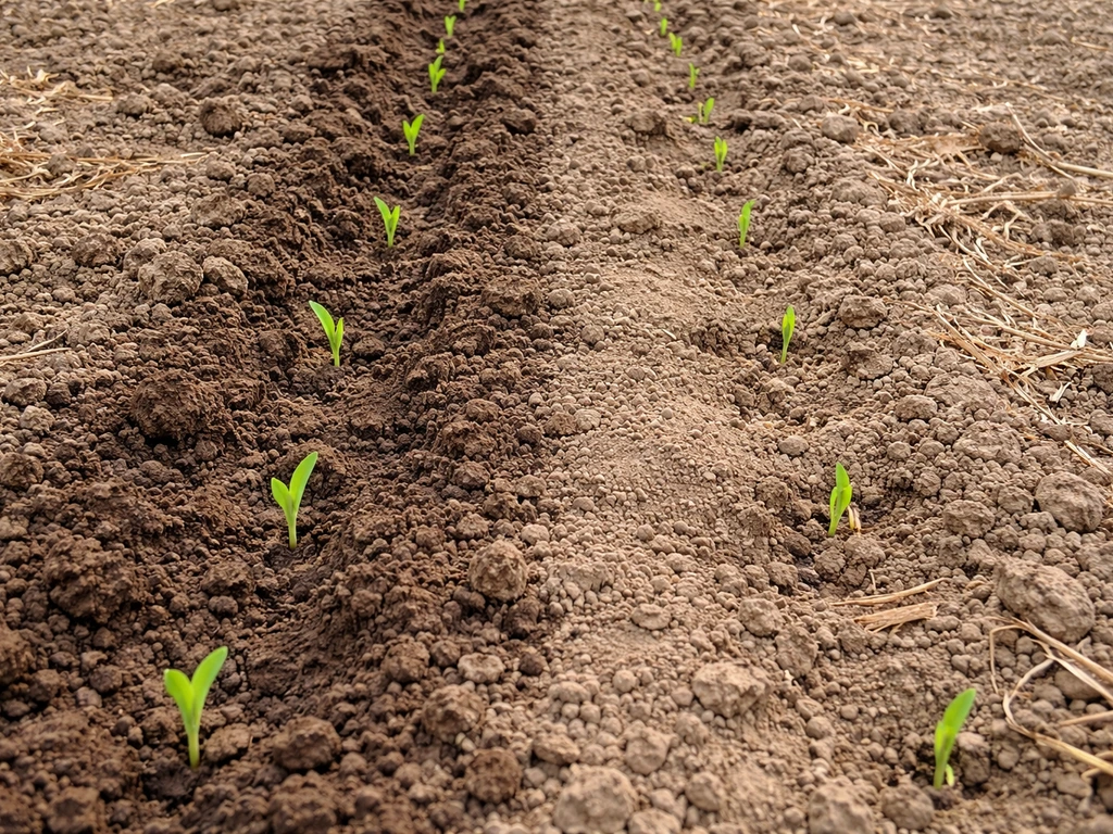 Corn row with uneven sprouts and dry vs moist seed-zone soil showing delayed emergence.