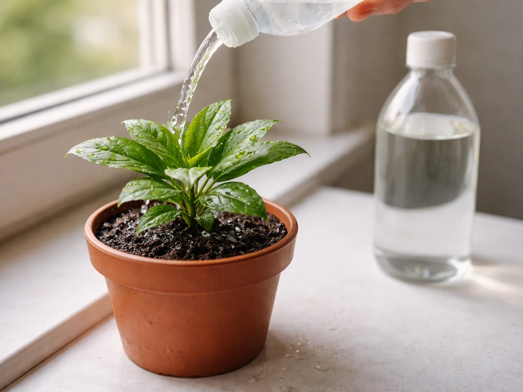 A potted plant being watered next to a small bottle of household white vinegar