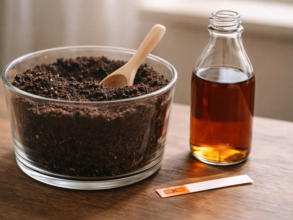 Vinegar bottle beside soil in a container and a pH test strip showing an acidic reading