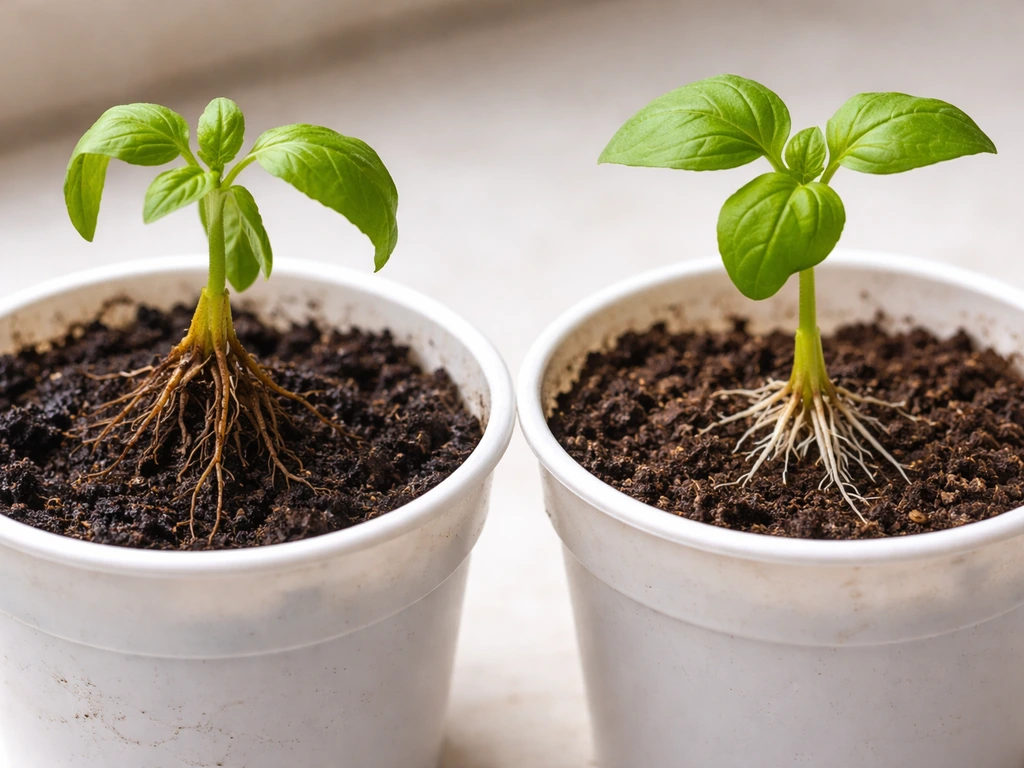 Side-by-side seedlings: one with browned, limp roots from vinegar exposure and one healthy with moist soil.