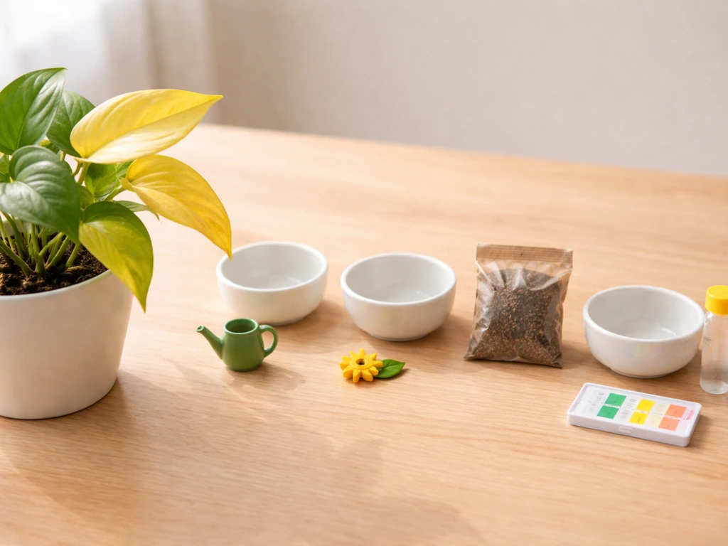 Four small plant problem cards/bowls beside a pH test kit and a potted plant with yellowing leaves.