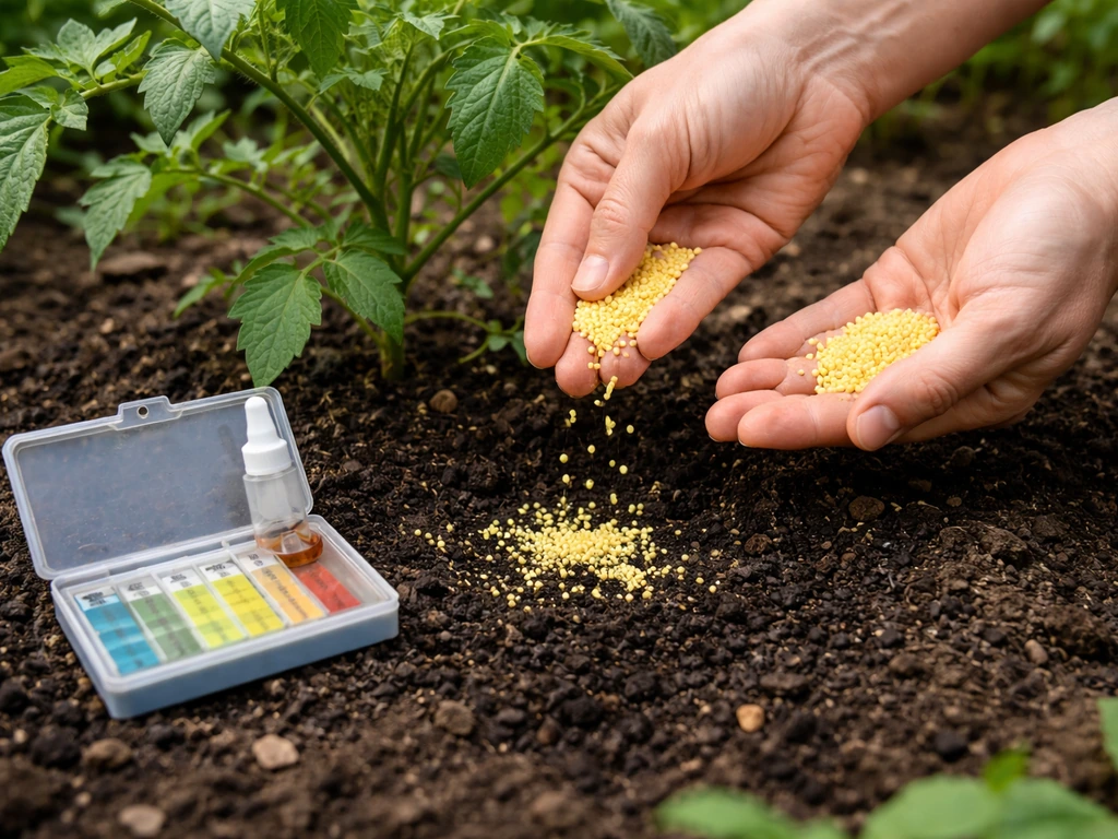 Hands sprinkle elemental sulfur granules into soil near a plant, with a pH test kit nearby.