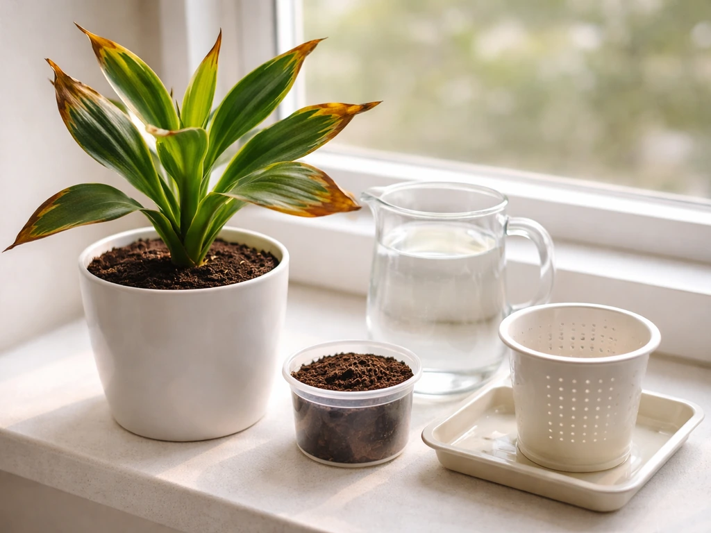 Potted plant with brown crispy leaf edges beside a simple recovery kit with fresh water and soil amendment items.