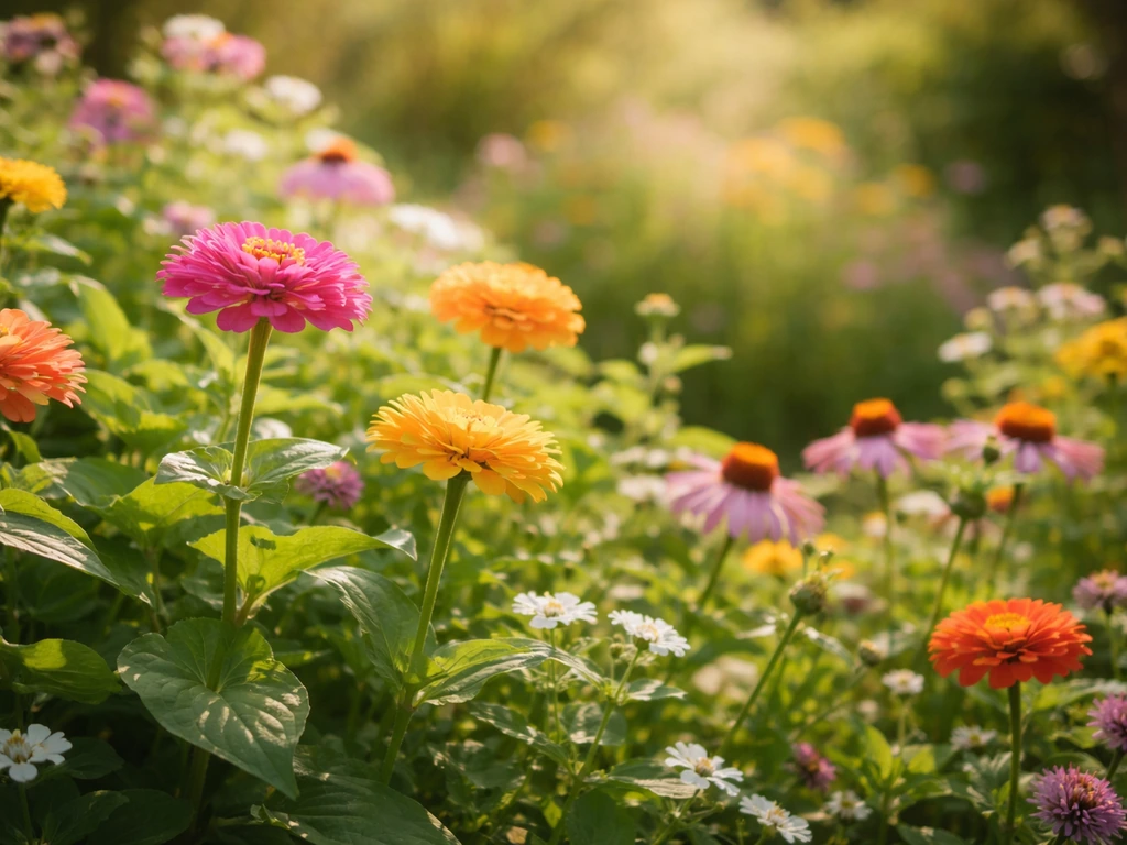 Sunlit garden with thriving colorful flowers and lush growth, suggesting faster blooming