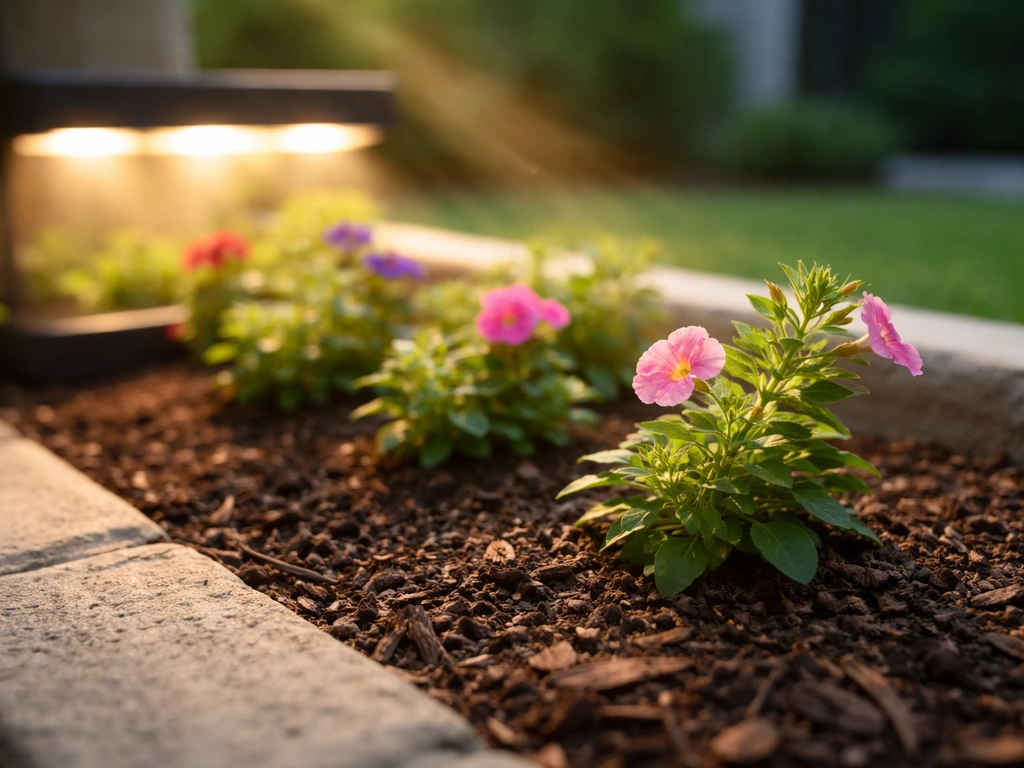 Sunlit flower bed with spaced plants and light rays showing how placement boosts growth.