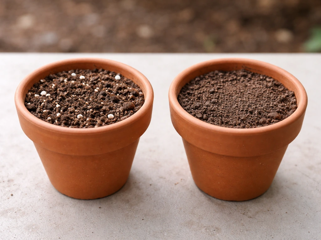Side-by-side containers showing loose root-friendly potting mix versus compacted poor-drainage soil with different textu