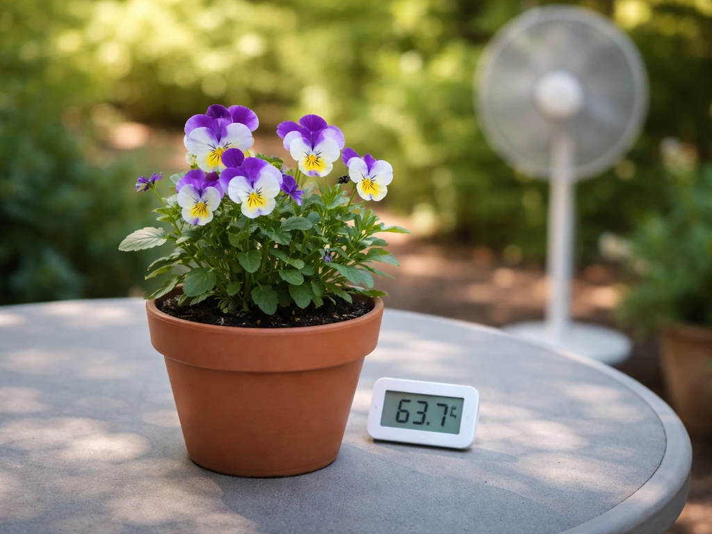 Cool-season flower pot in dappled shade beside a small thermometer and gentle airflow.