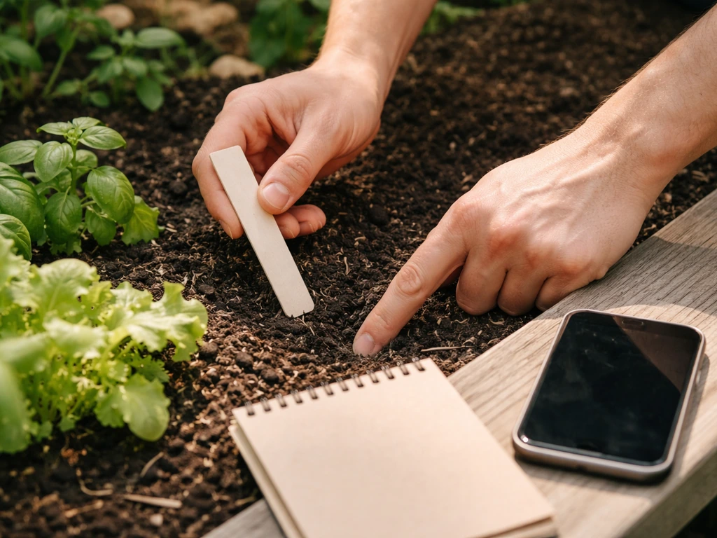 Hands doing soil moisture and light checks with a blank notebook and phone on a bench.